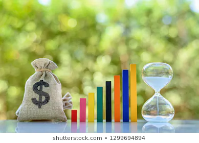 En la imagen se muestra un saco con el símbolo del dinero, un gráfico de resultados positivos y un reloj de arena